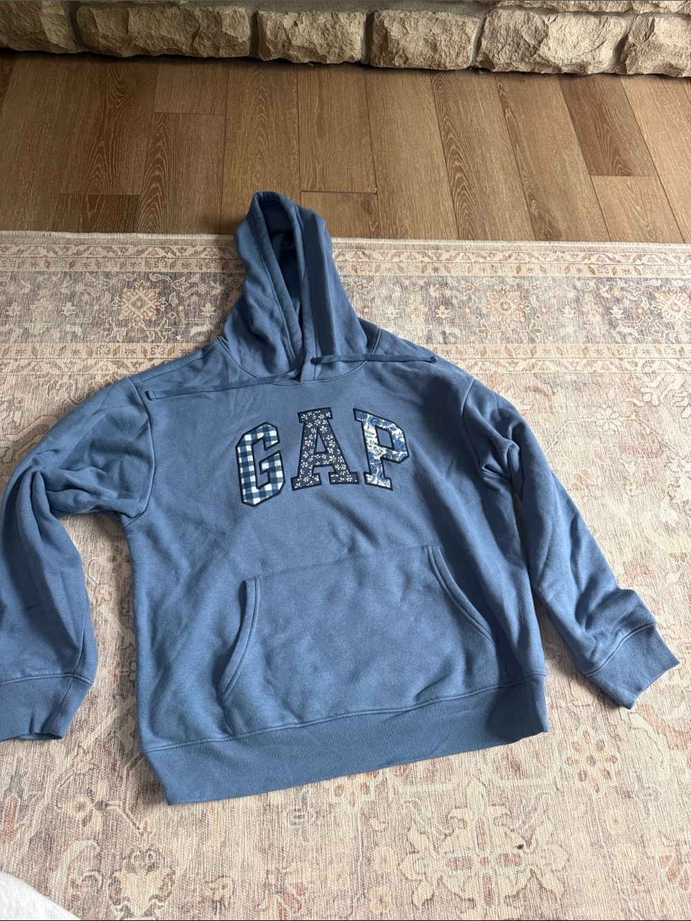 GAP Women’s Slate Blue Hooded Sweatshirt with Patterned Logo